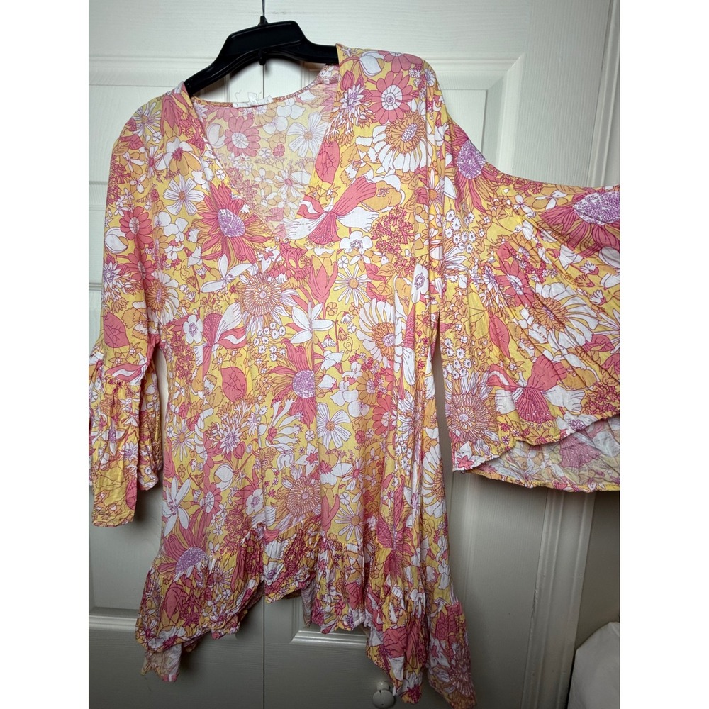 Label of Love Yellow Pink Floral Boho V-Neck Bell Sleeve Tunic Top Medium